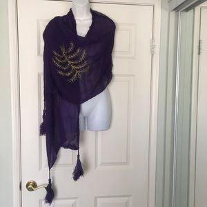 Vintage 68”x18.5” Rayon ShawlScarf Gold embroidery